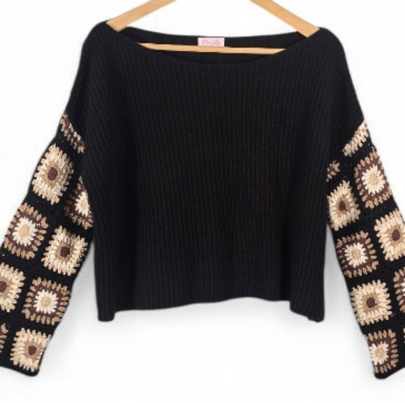 Pink Lily Crochet Granny Square Sleeve Sweater Sz. XS Black Knit Cropped Cottage - Picture 2 of 11